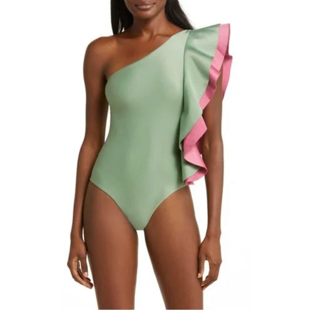 FARM Rio One-Shoulder Ruffle One-Piece Swimsuit in Sage Green and Pink